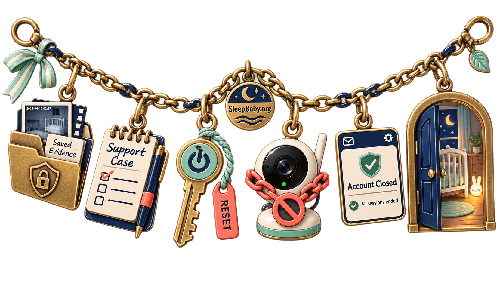 Baby monitor recovery charms moving from saved evidence and support through reset, account closure, and a quiet nursery doorway.