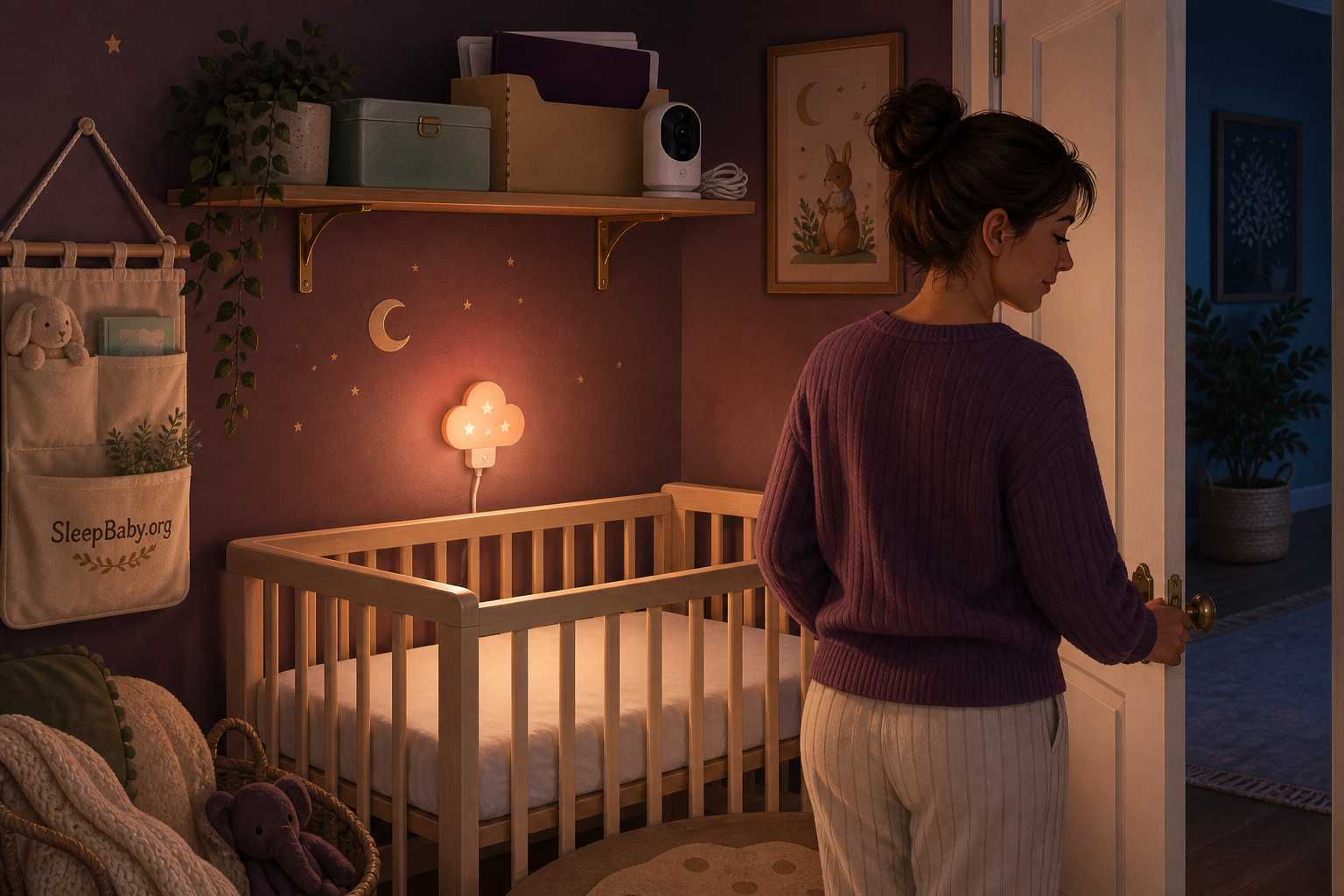 Caregiver closing a nursery door after placing a disconnected monitor and saved evidence safely out of reach.