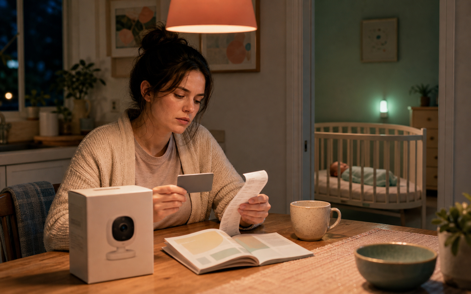 A parent compares a baby monitor box, receipt, and benefit card while a baby sleeps safely in a bare crib