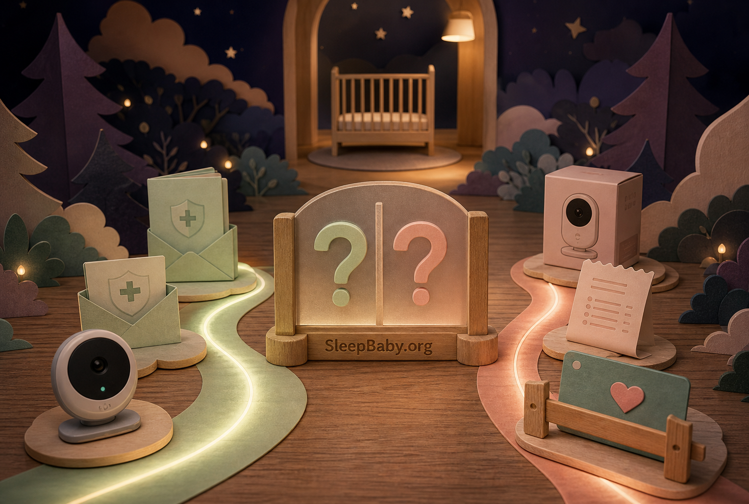 Two illuminated purchase paths meet at a question gate before a bare crib