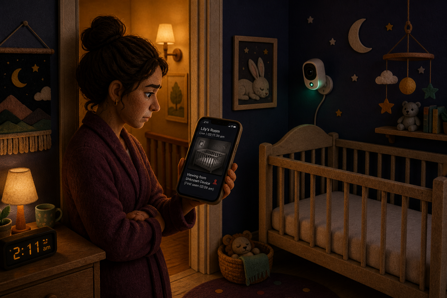 Parent performs a baby monitor privacy check on an unfamiliar live session beside a wall camera and bare crib at 2:11 a.m.