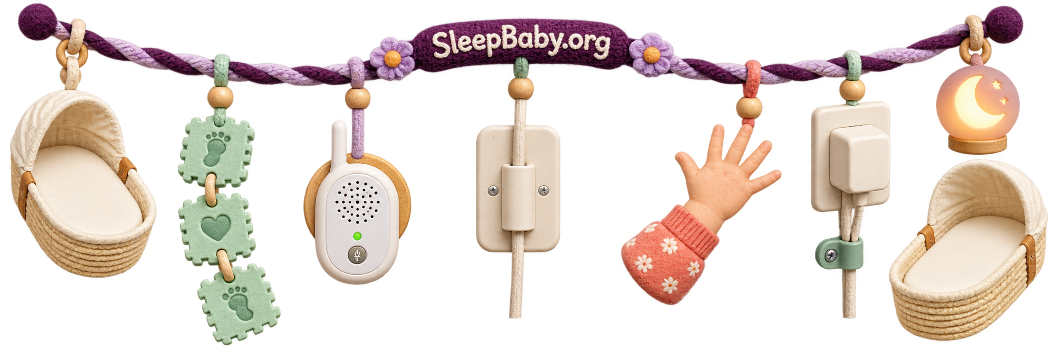 Bare bassinets and covered-cord charms show a three-foot monitor safety boundary.