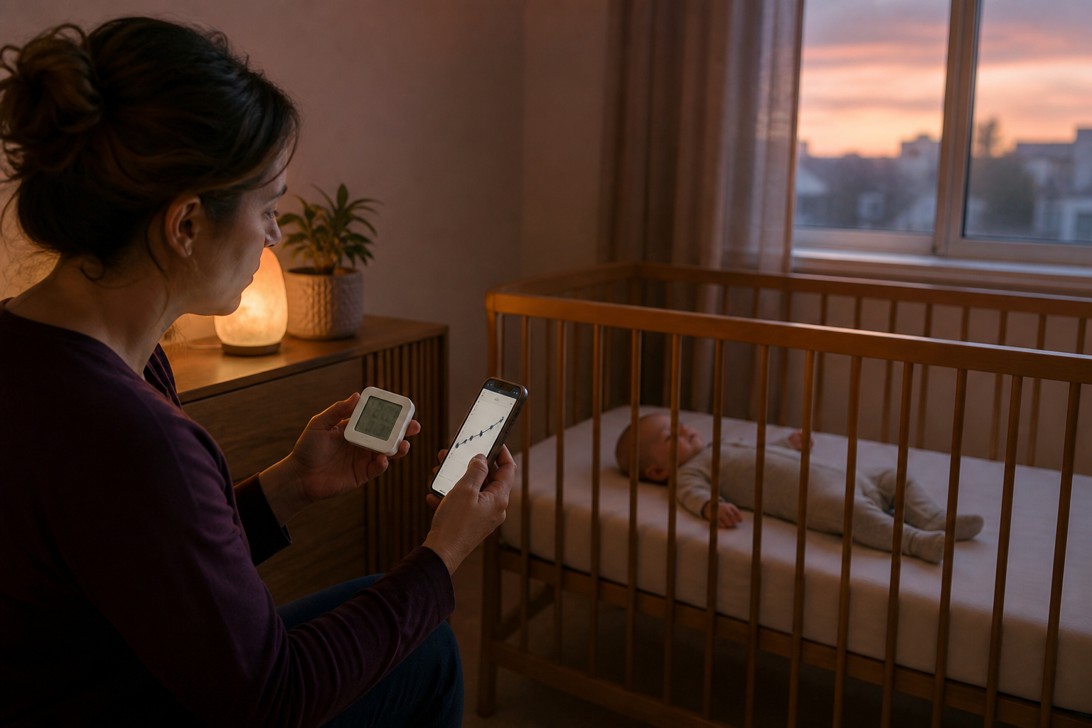 Parent holding a humidity gauge beside a baby sleeping safely in an empty crib at dawn