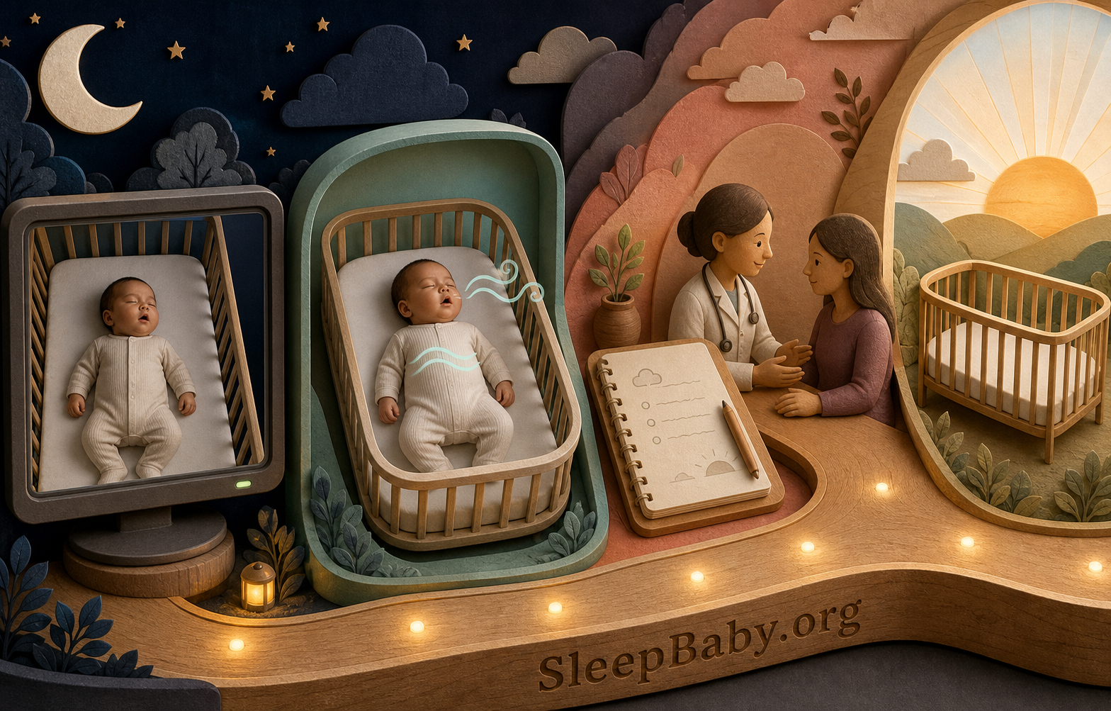 Dimensional nighttime decision scene linking an open-mouth sleep observation to breathing checks, notes, and pediatric follow-up