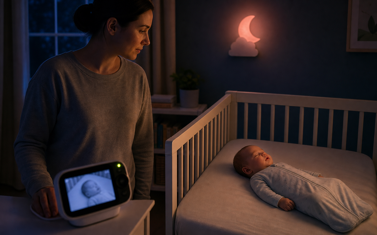 Caregiver watches a sleeping baby's breathing on a monitor beside a clear empty crib under a warm nightlight.