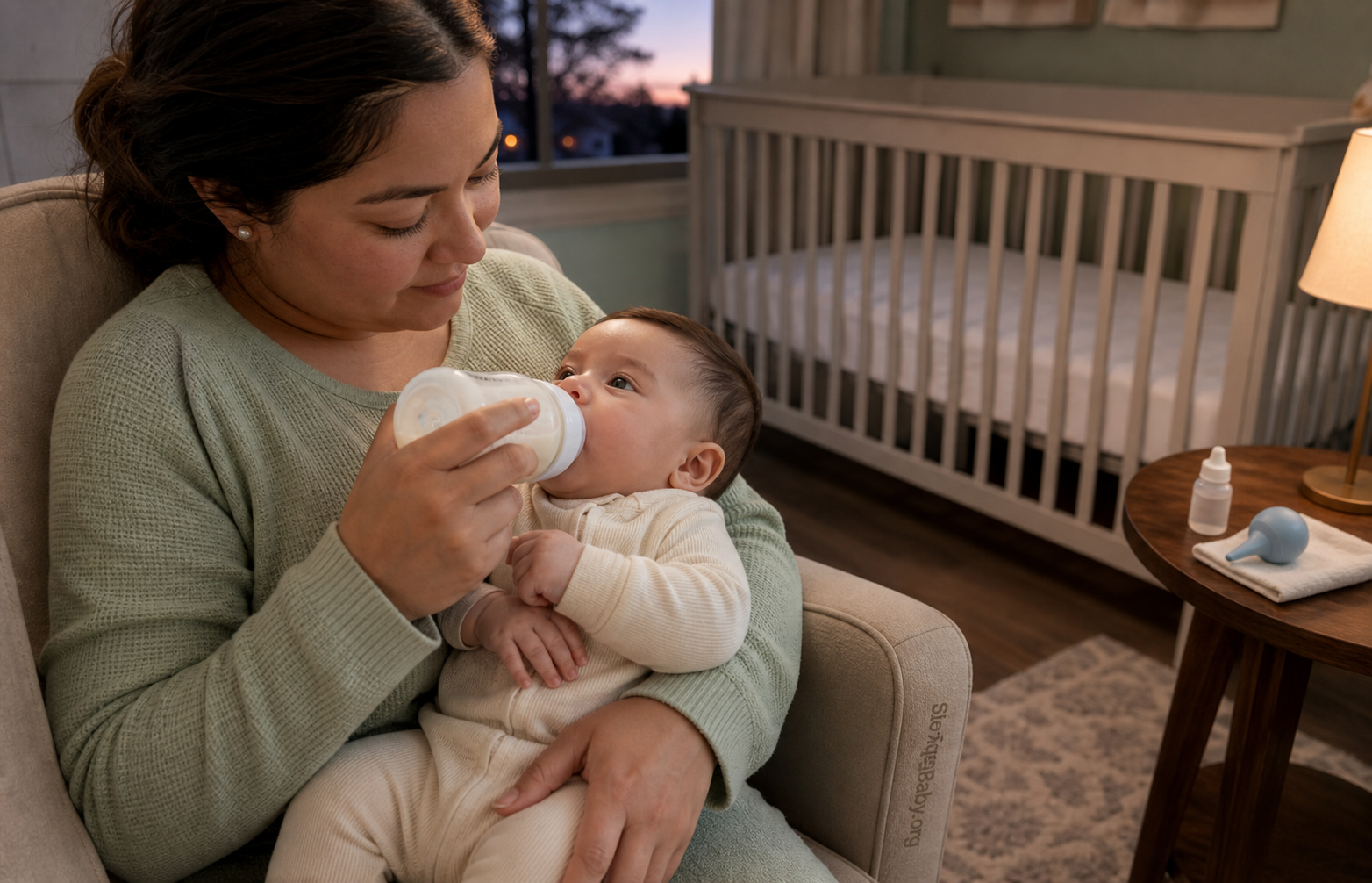 Caregiver feeds an awake baby upright after saline care while a bare flat crib waits for the next sleep