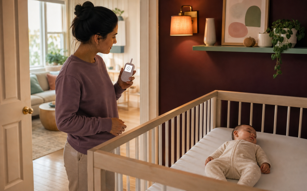 Parent checks a monitor beside a baby sleeping safely on their back in an empty crib during a long afternoon nap.