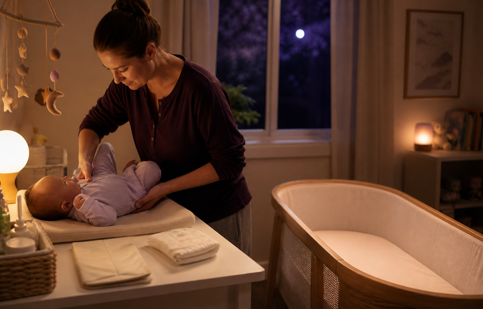 Caregiver supports a clothed baby on a nighttime changing pad beside clean supplies and an empty bassinet