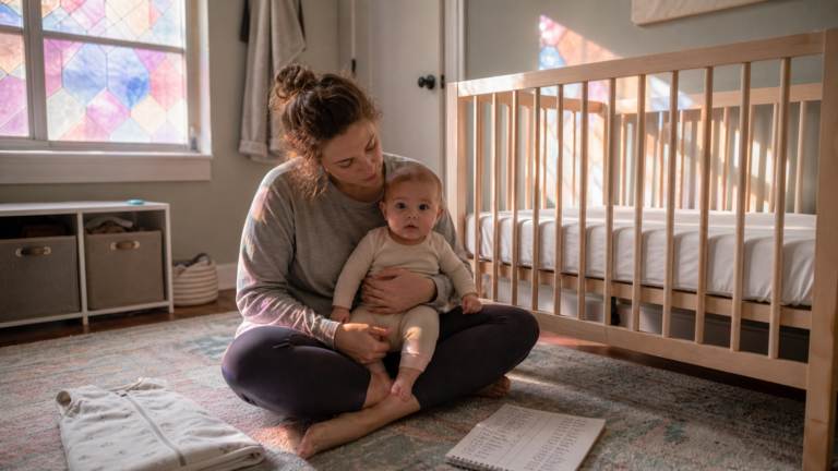 A caregiver supports an alert infant beside an empty crib while pastel window light crosses a daytime feeding log.