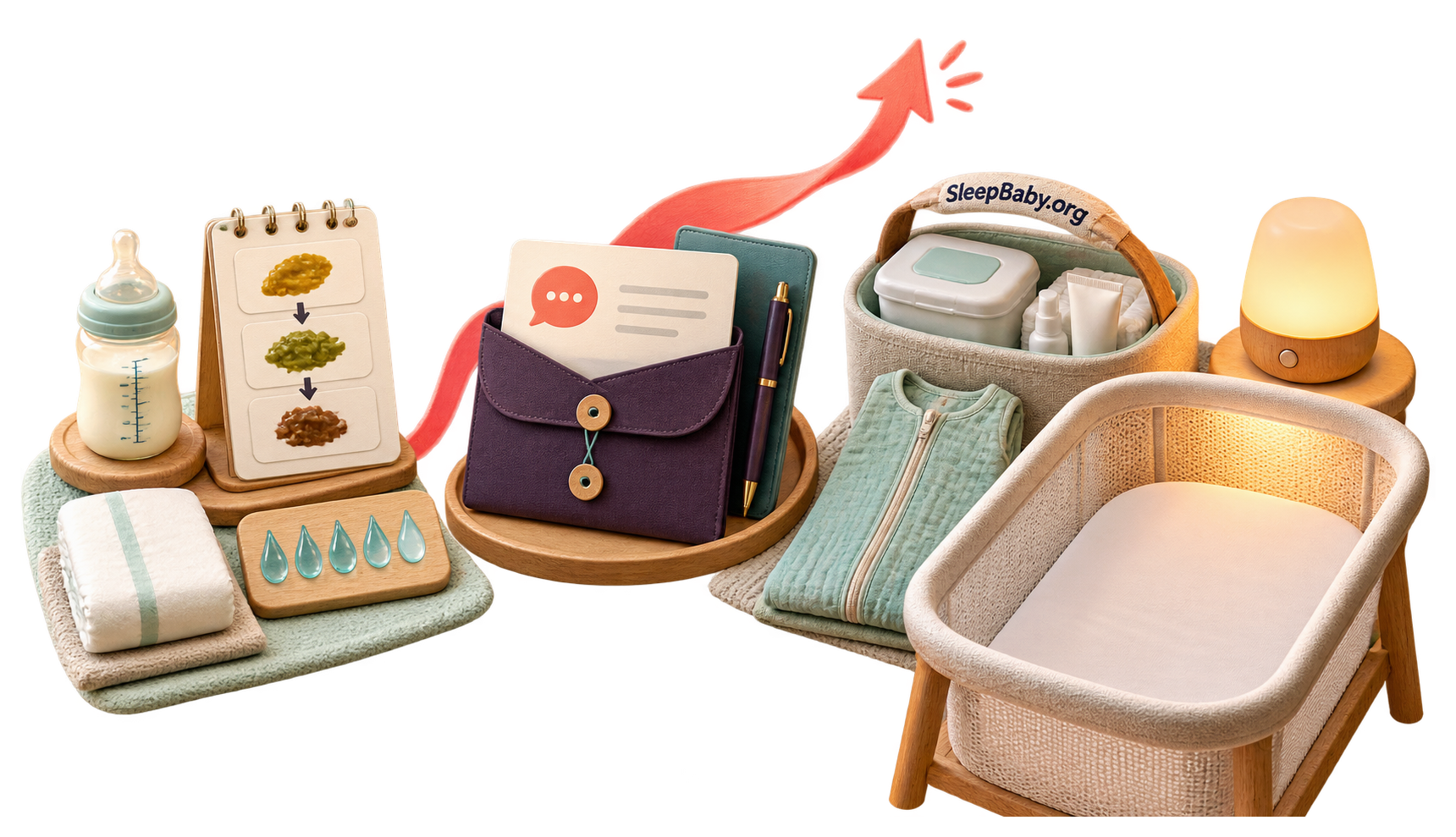 Transparent teaching rail connects feeding, stool and hydration observations to a clinician message, closed change supplies, a warm lamp, and an empty bassinet.