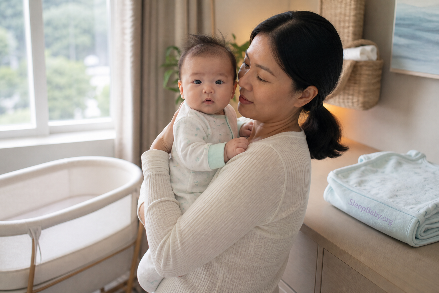 A caregiver securely holds an awake baby in morning light while observing both eyes without touching them; an empty bassinet and folded sleep sack remain behind.