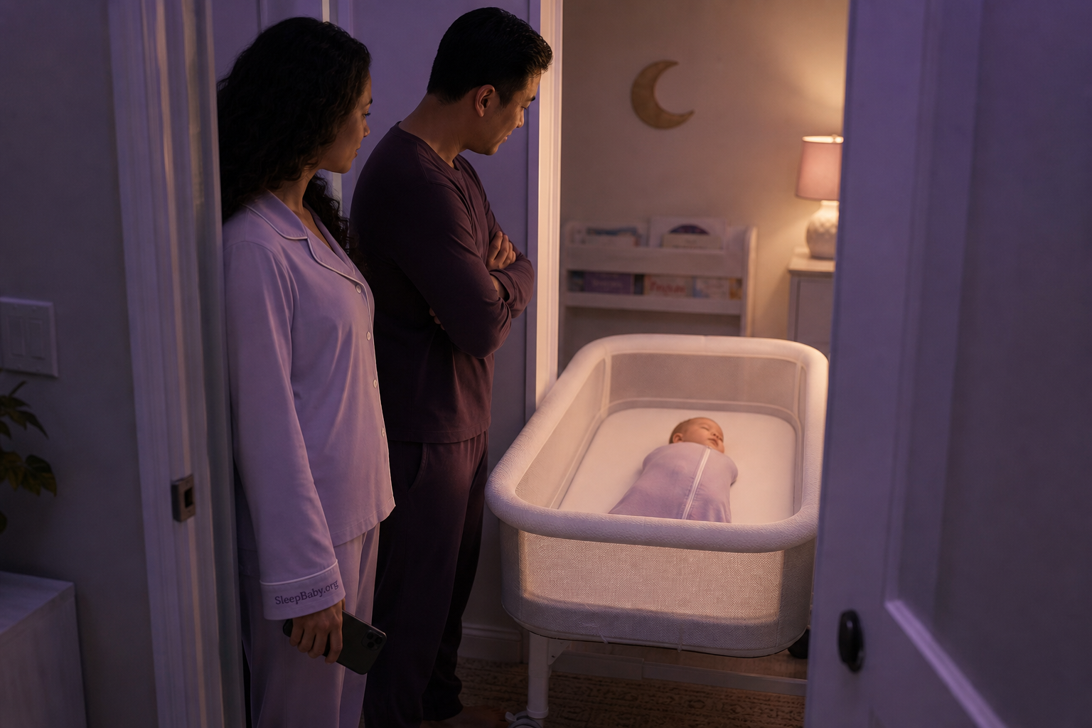 Two caregivers observe from the hallway as a baby sleeps on their back in an empty bassinet and a phone stays at one caregiver's side.