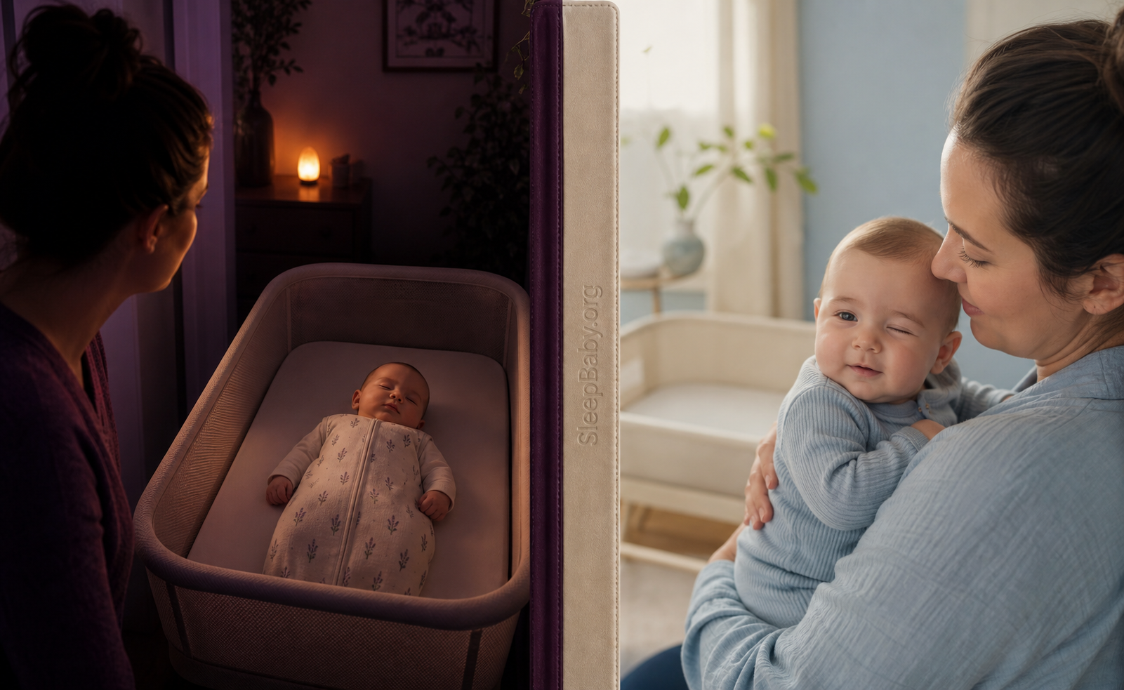 A Two-Light diptych shows dim nighttime observation of a baby sleeping safely in an empty bassinet and a daylight awake-blink check while the baby is held.