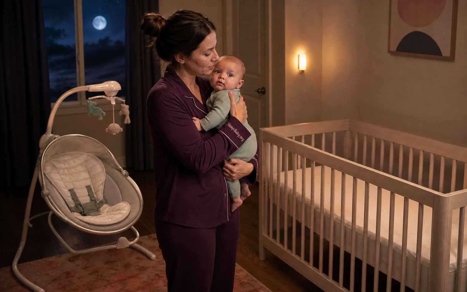 An alert baby is held beside an empty infant swing and a bare wooden crib under a moonlit window.