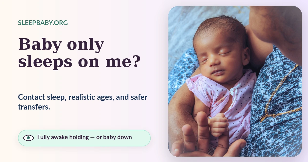 SleepBaby social card reading Baby only sleeps on me beside a close photo of a sleeping newborn held in a caregiver's arms