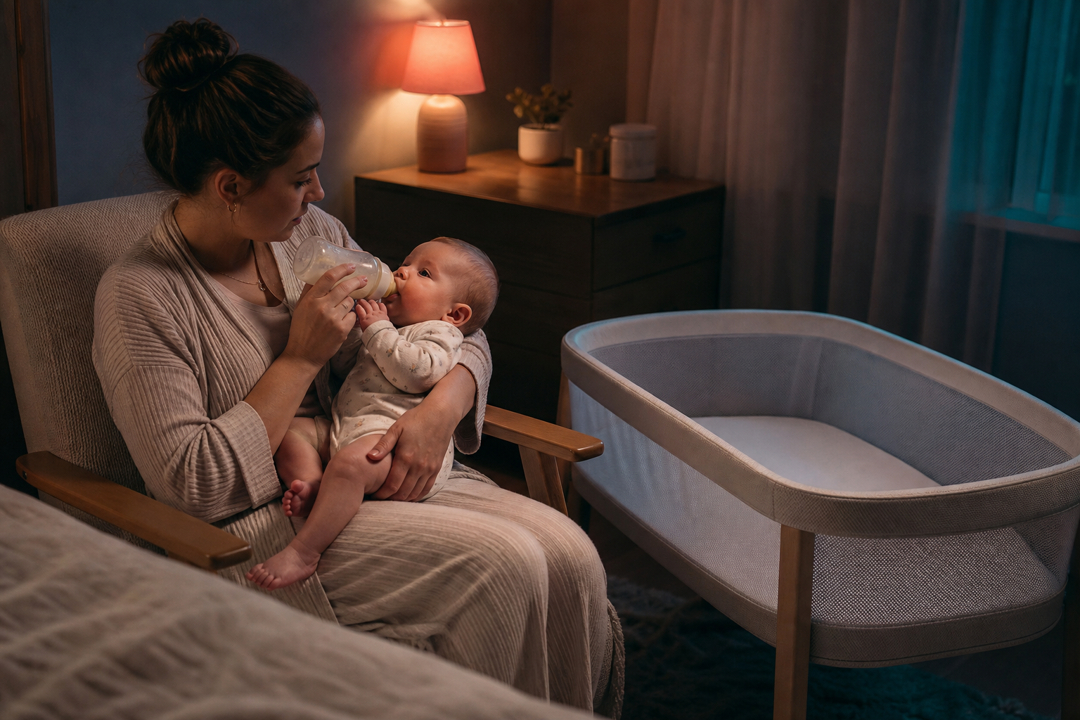 An awake caregiver bottle-feeds an alert baby beside an empty bassinet under a dim coral lamp.