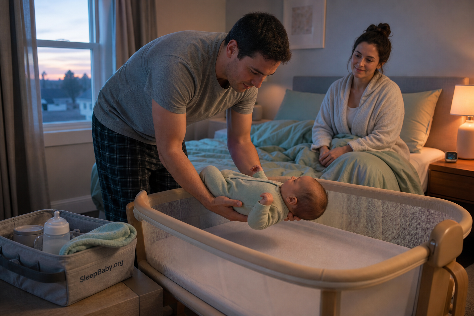 An alert partner lowers a baby into an empty bassinet at dawn while the feeding caregiver rests nearby.