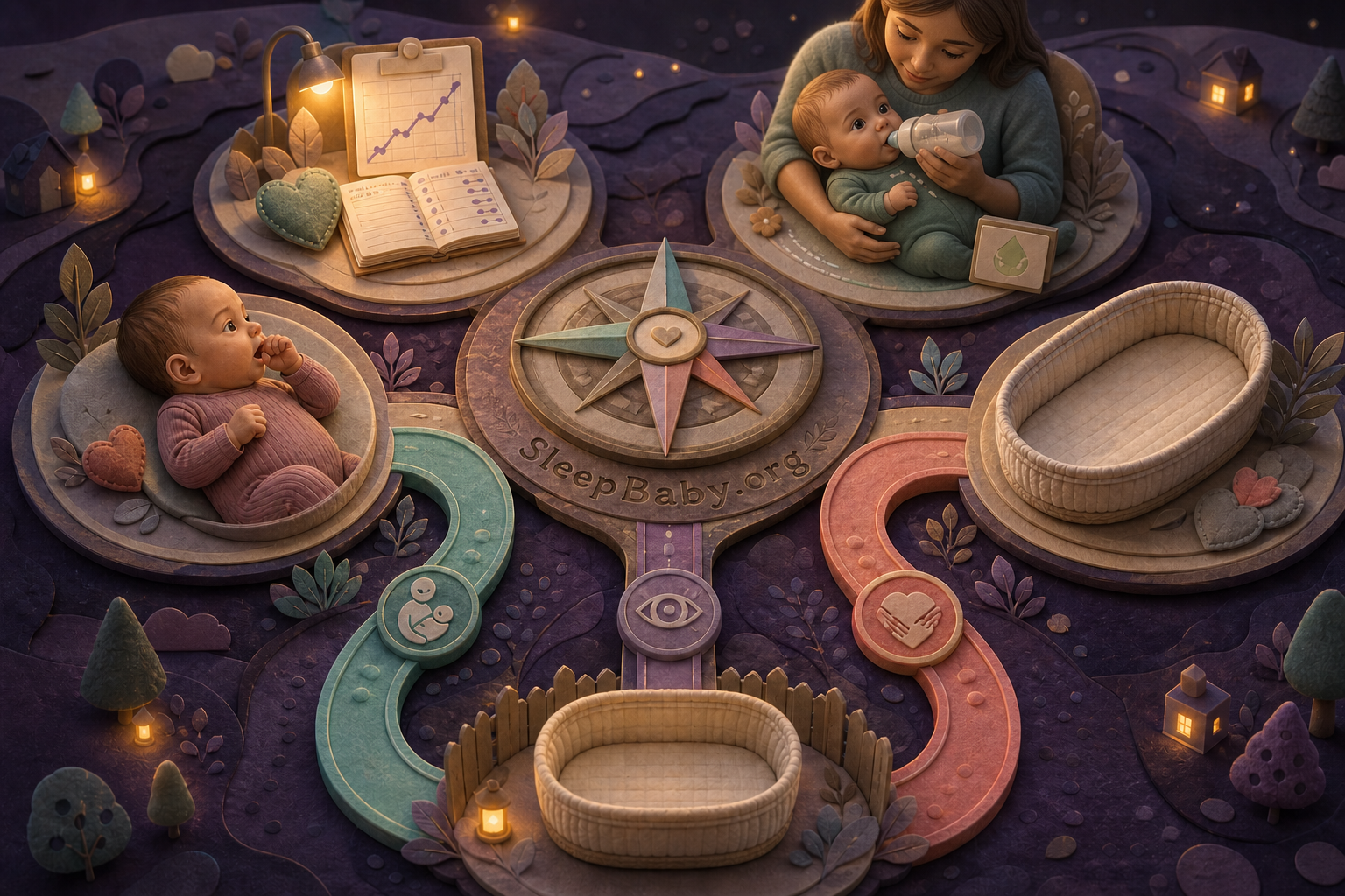 Tactile Night-Feed Compass with growth, feeding, behavior and safe-bassinet evidence stations converging on three response paths.