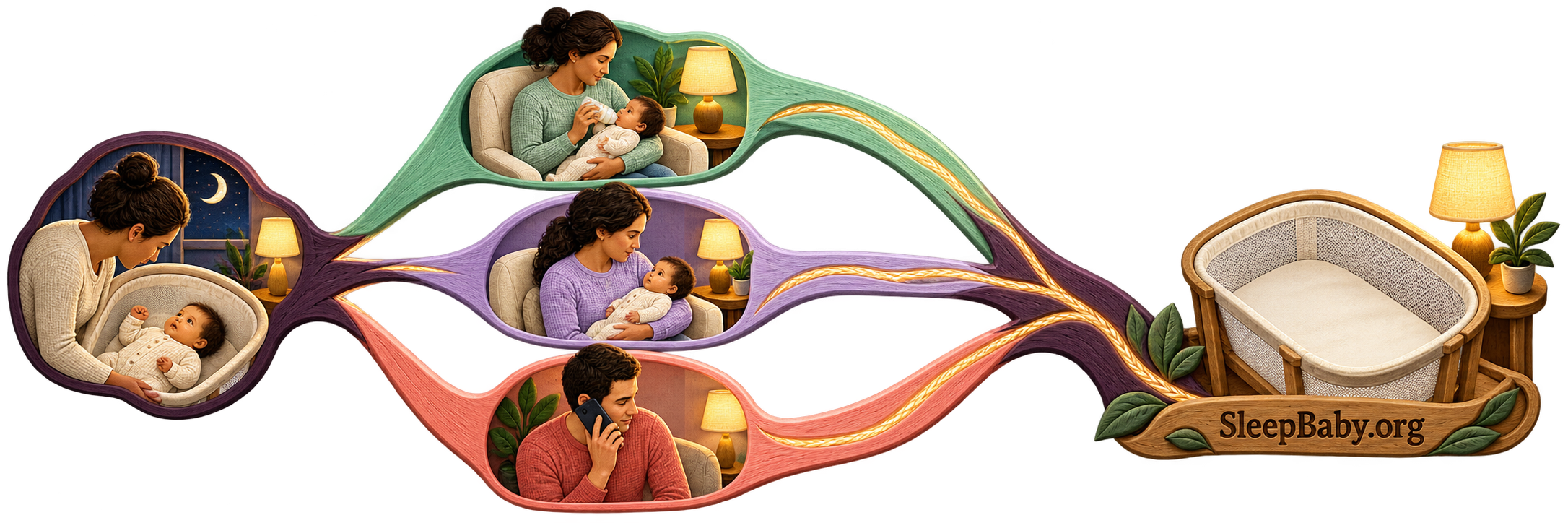 Three colored paths show feeding, calm observation and a clinician call rejoining at an empty bassinet.