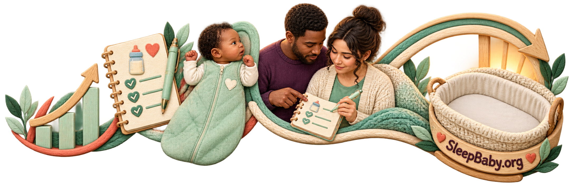 Transparent editorial rail linking a growth curve and feeding plan with an alert newborn and an empty bassinet.
