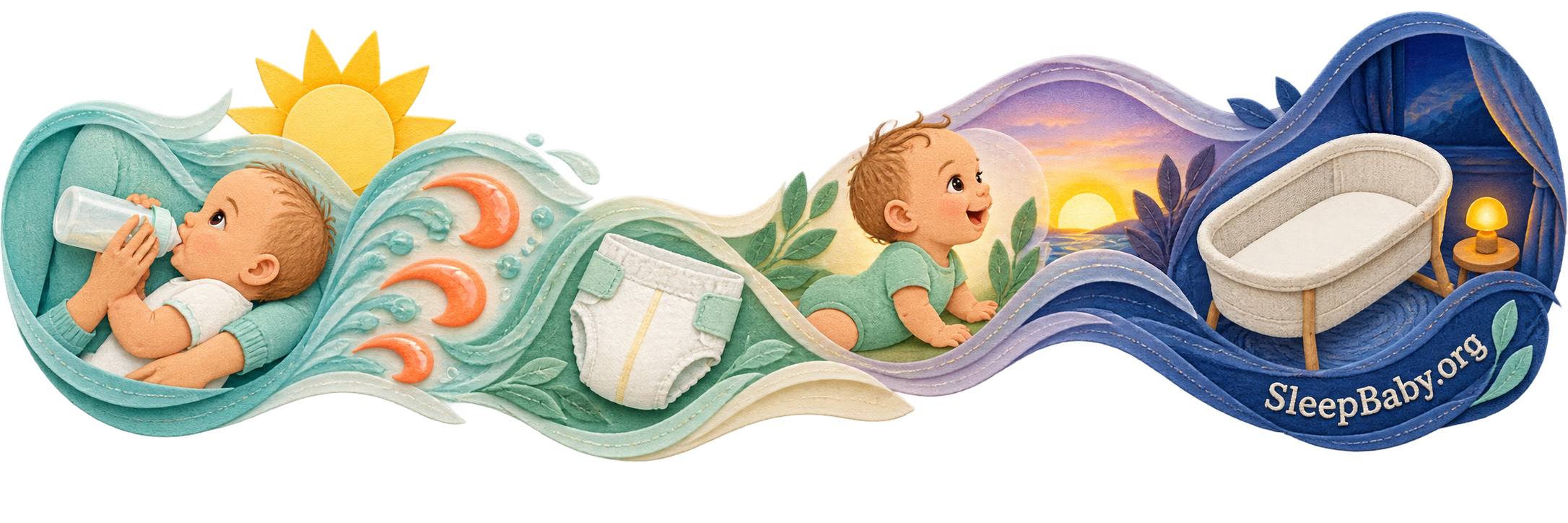 Day-to-night evidence rail linking an active feed, swallowing, diaper output and alertness to an empty nighttime bassinet.
