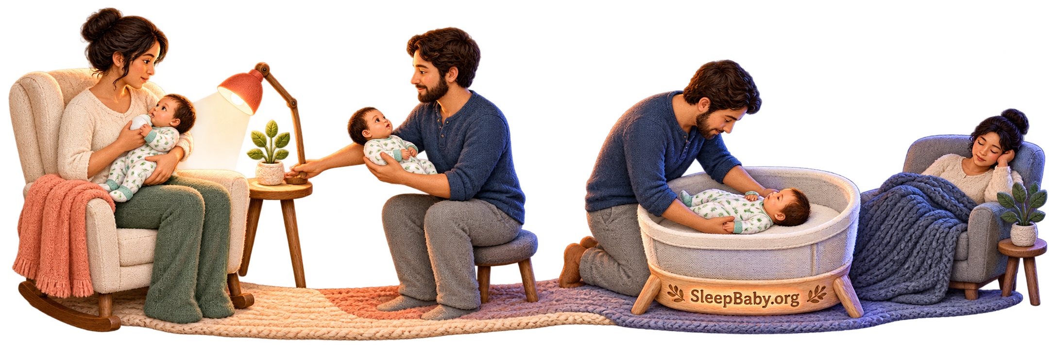 Wake-Feed-Return rail showing an awake feed, partner handoff, back placement and separate caregiver rest.