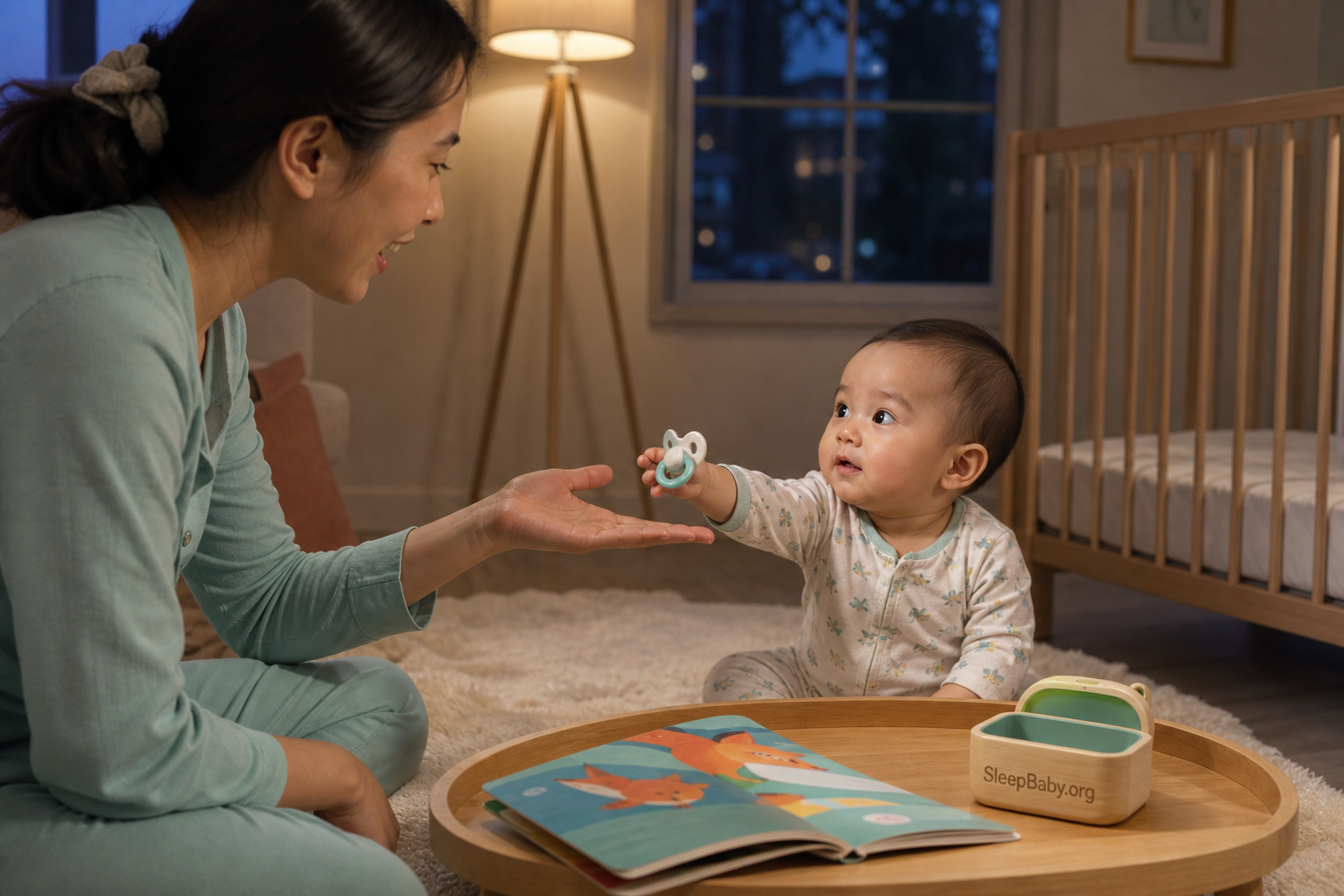 Awake baby in footed pajamas offering a pacifier to a caregiver's open palm beside a bedtime book and bare crib