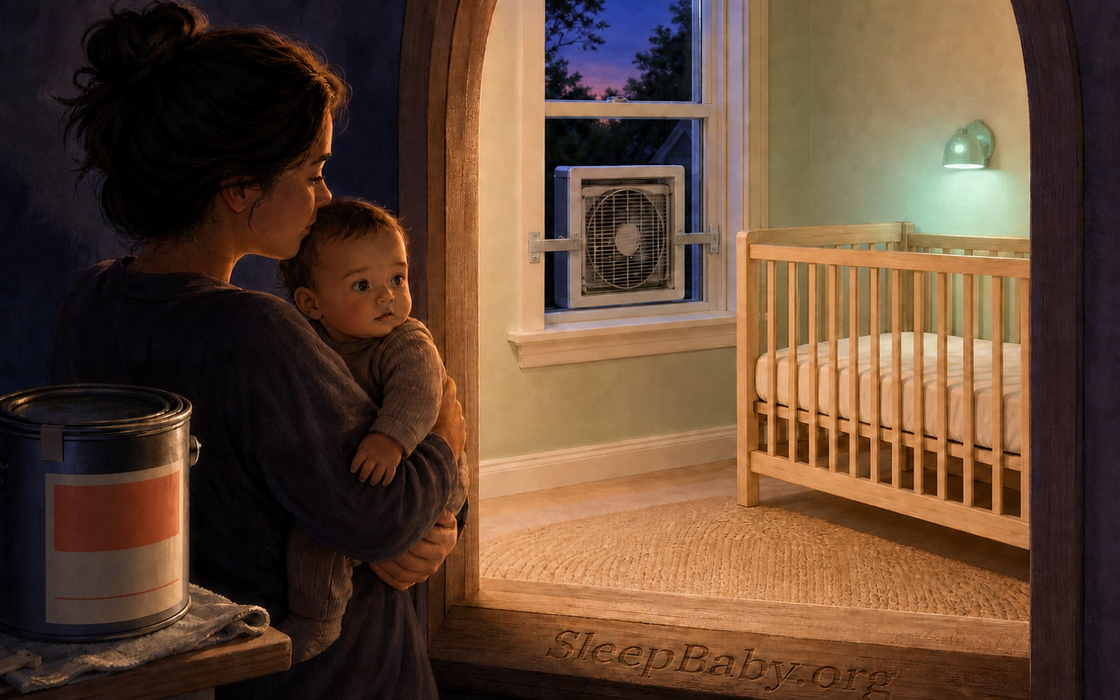 A parent holds an awake baby at a painted nursery doorway where a sealed labeled can, secured window fan, clean sill, and bare crib form four return checks
