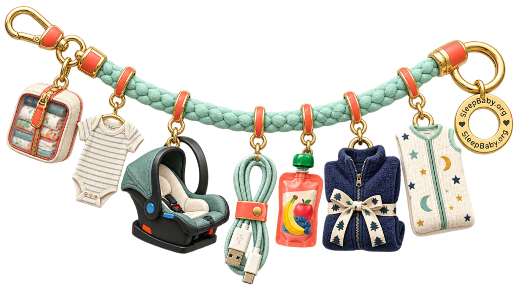 A mint hospital-trip charm ribbon links a diaper pouch, baby bodysuit, empty infant car seat, charging cable, snack pouch, partner layer and baby sleep sack