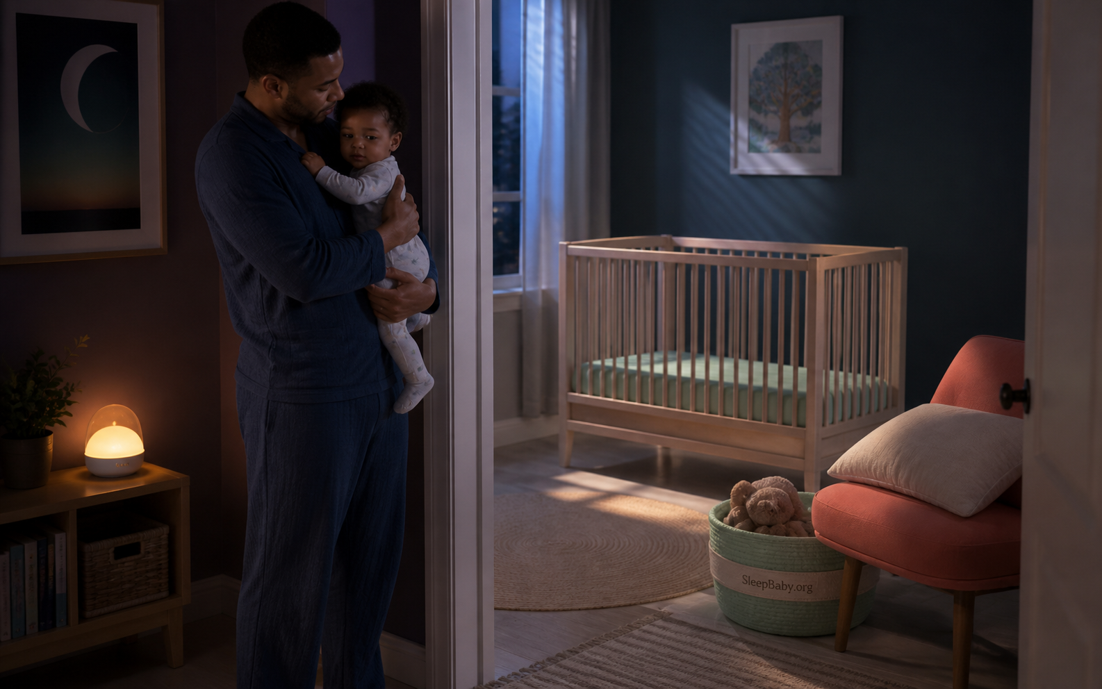 Father holds his awake drowsy baby at a nursery doorway with a pillow on a chair and an empty crib ahead.
