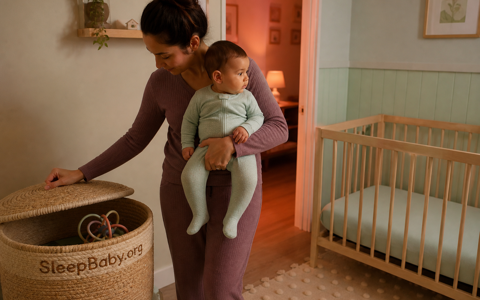 Caregiver closes a looped toy into a basket while holding an awake baby beside an empty crib at bedtime.