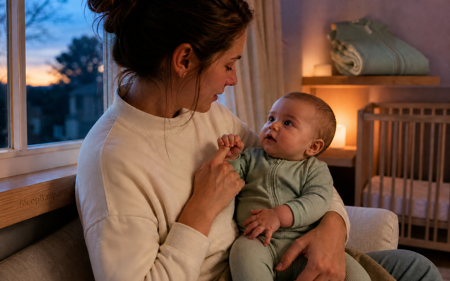 Caregiver offers one finger to an awake baby on a window seat while a sleep sack and bare crib wait nearby.