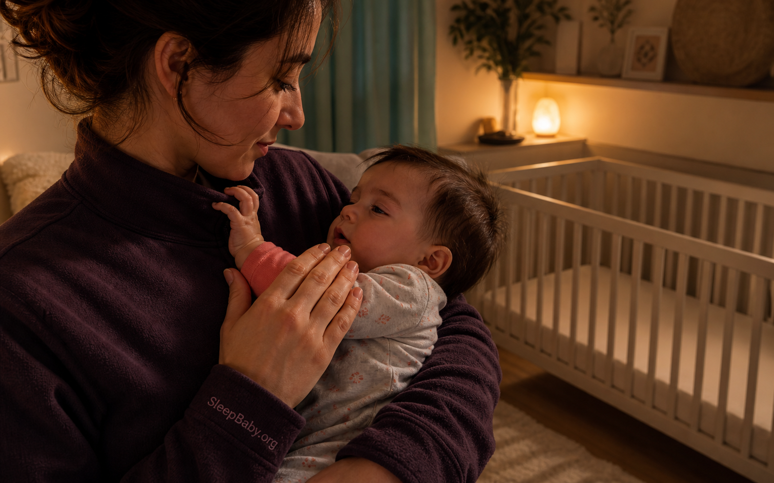 Caregiver calmly covers an awake baby's searching hand beside an empty crib at bedtime.