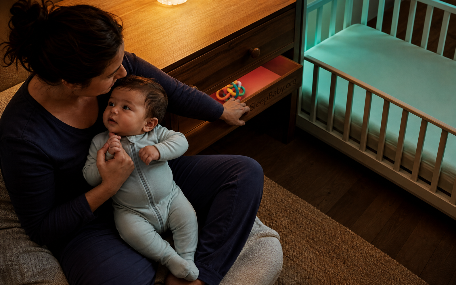 Caregiver offers a finger to an awake baby while closing the toy drawer beside a bare crib.