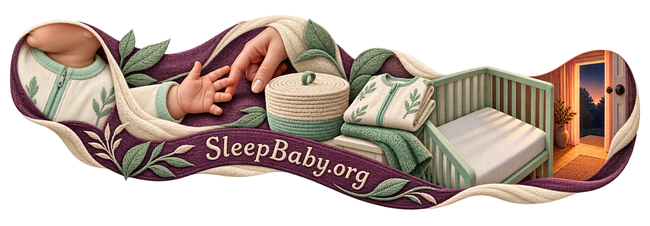 Warm bedtime rail links a calm caregiver hand, one finger hold, an object put away, and a clear crib under a nightlight.