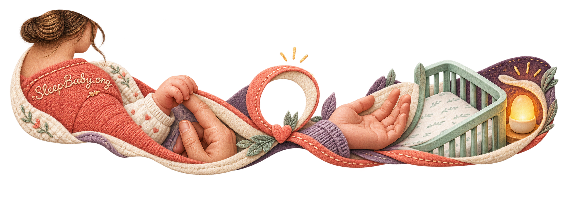 Plum textile rail links a caregiver hand, a gentle boundary, a held finger, and a clear crib at bedtime.