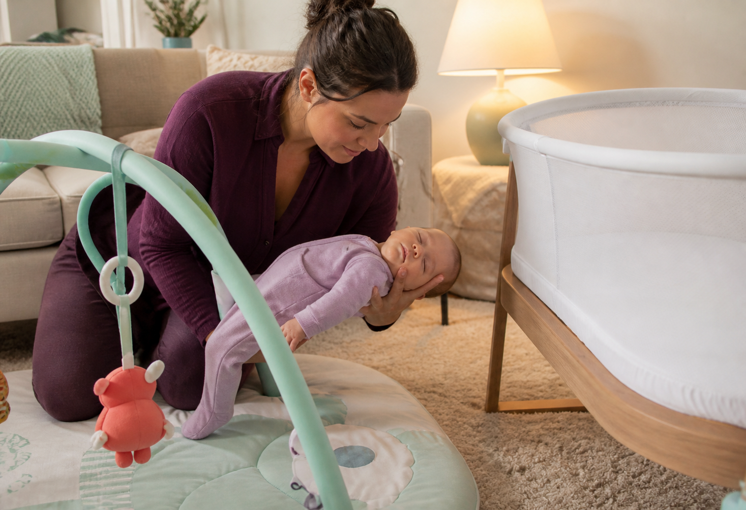 Caregiver lifts a sleeping baby from a clear playmat toward a prepared bare bassinet