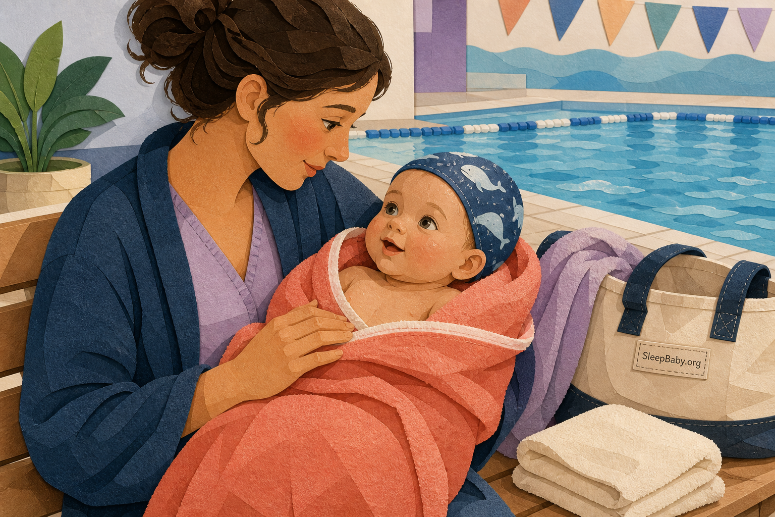 An alert baby in a whale swim cap smiles up at a caregiver while wrapped in a towel beside the pool and dry gear bag.