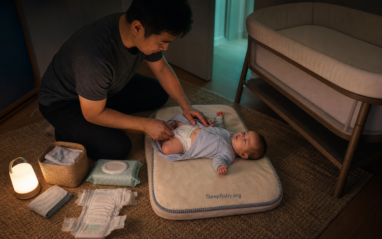 Alert caregiver changes a drowsy baby on a floor pad with diapers and cleaning supplies arranged outside the sleep space