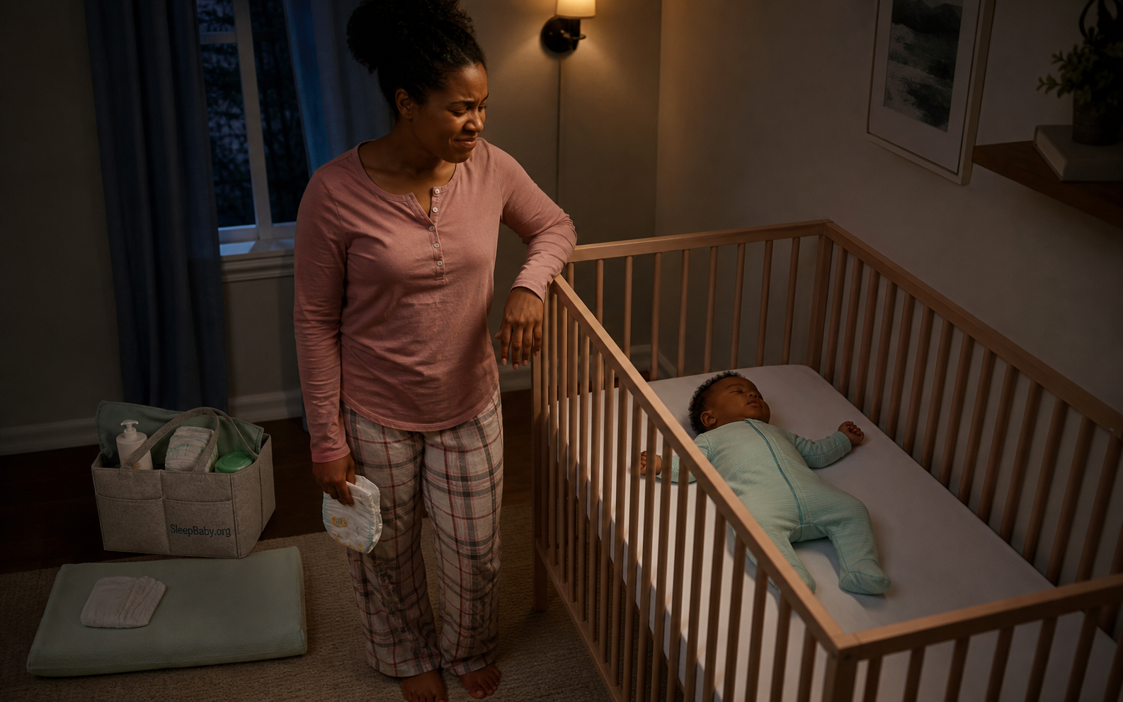 Alert mother holding a clean diaper beside her baby sleeping on the back in a bare crib, with a floor changing pad ready