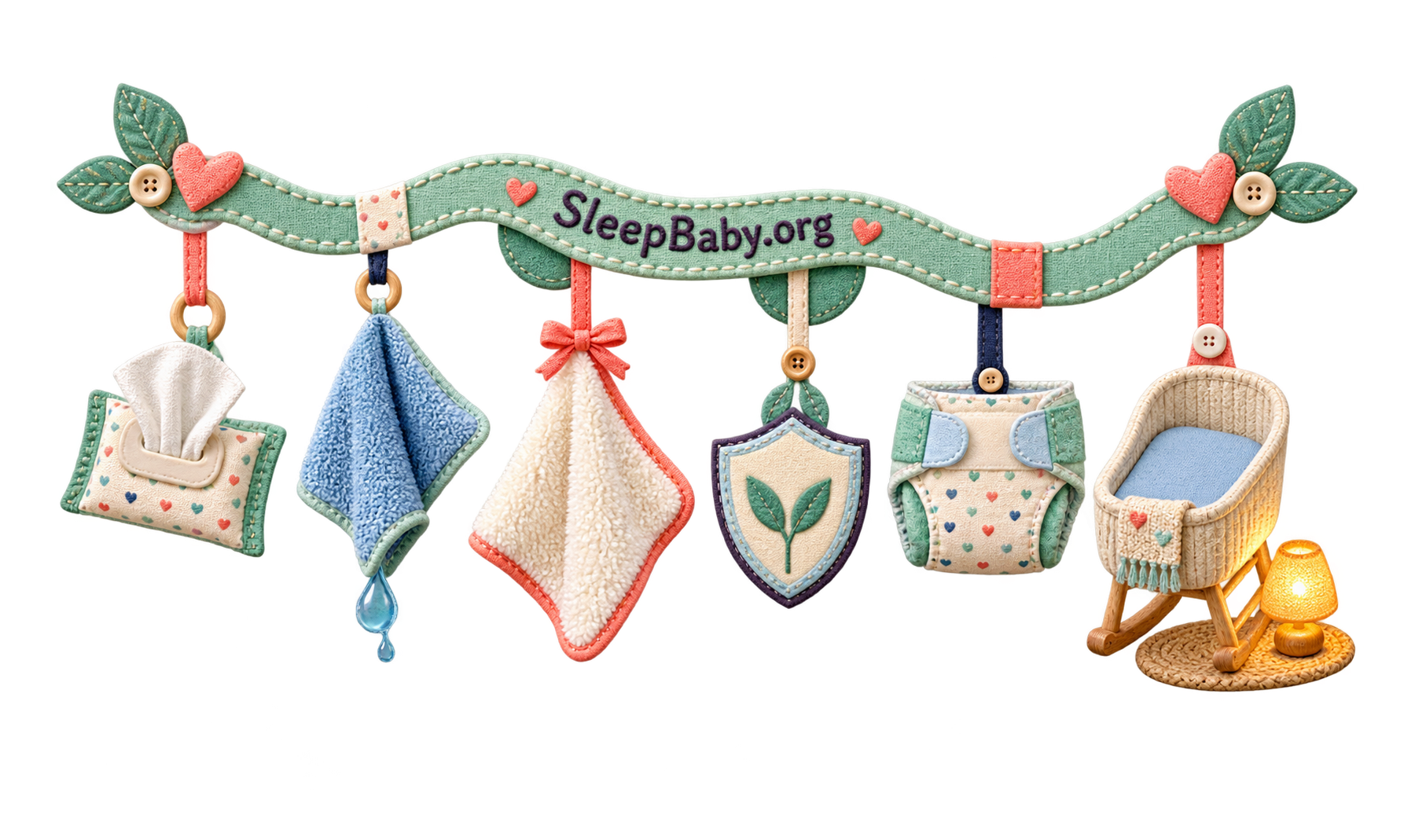 Mint fabric rail showing wipes, damp cloth, dry cloth, skin shield, clean diaper, and bare bassinet beside a lamp