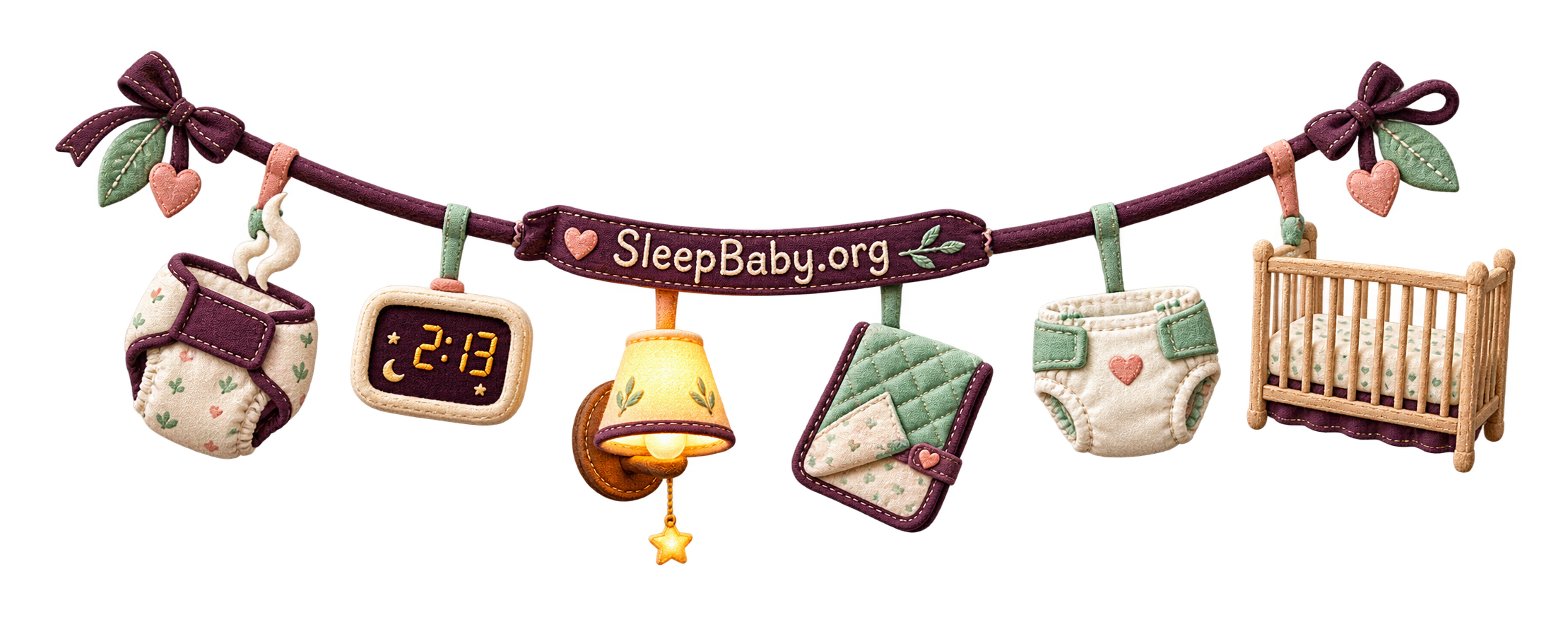 Textile rail showing a nighttime diaper check, 2:13 clock, dim lamp, change pad, clean diaper, and bare crib