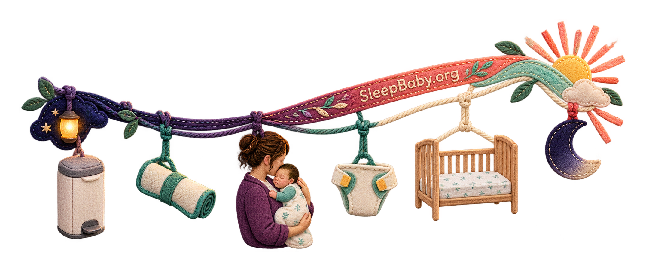 Night-to-dawn textile rail with diaper pail, rolled pad, supported baby, clean diaper, bare crib, moon, and sunrise