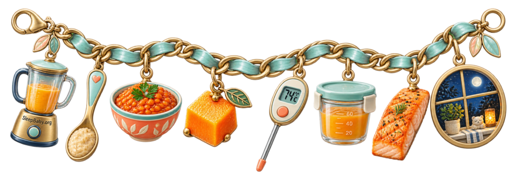 A teal-and-gold SleepBaby.org strand joins a blender, oat spoon, lentils, squash, food thermometer, portion cup, salmon and moonlit window.