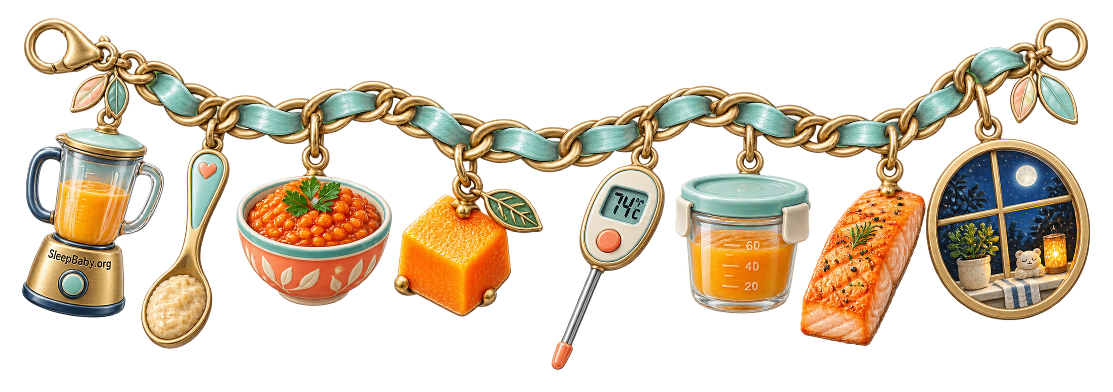 A teal-and-gold SleepBaby.org strand joins a blender, oat spoon, lentils, squash, food thermometer, portion cup, salmon and moonlit window.