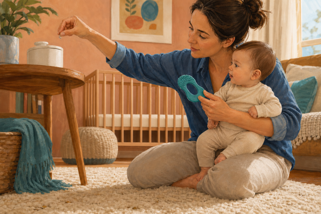 A caregiver holds an awake baby safely back from a tiny earring back while offering one intact textured teether on a warm floor.