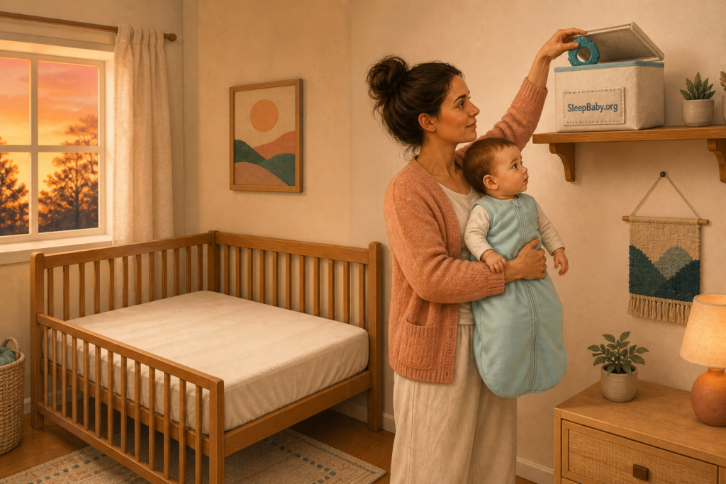 A caregiver holds an awake baby in a sleep sack and places the firm teether into a caddy outside a bare crib with only a fitted sheet.