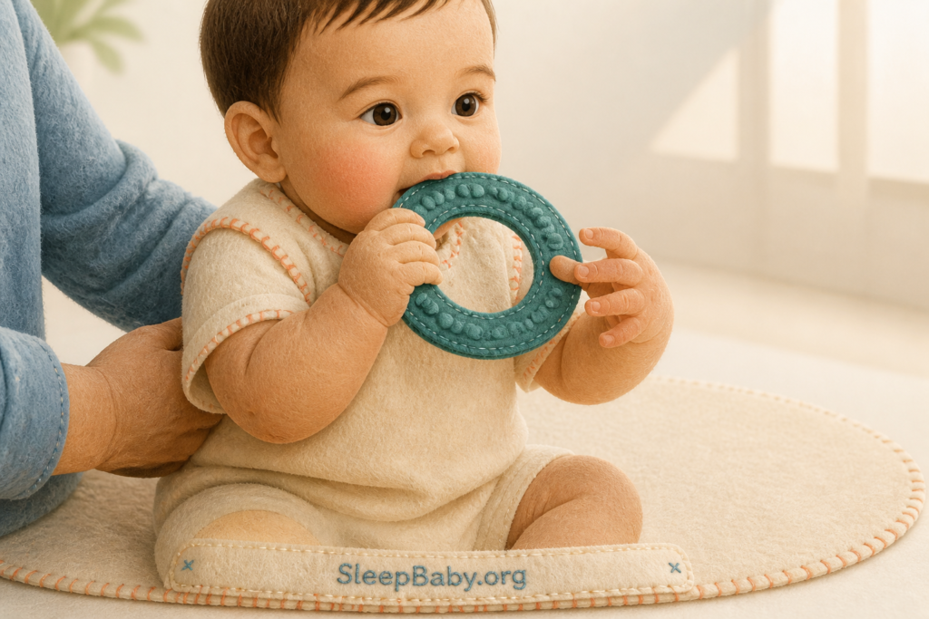 An awake baby grips one intact textured ring at the mouth while the other hand begins to take the toy on a stitched play mat.