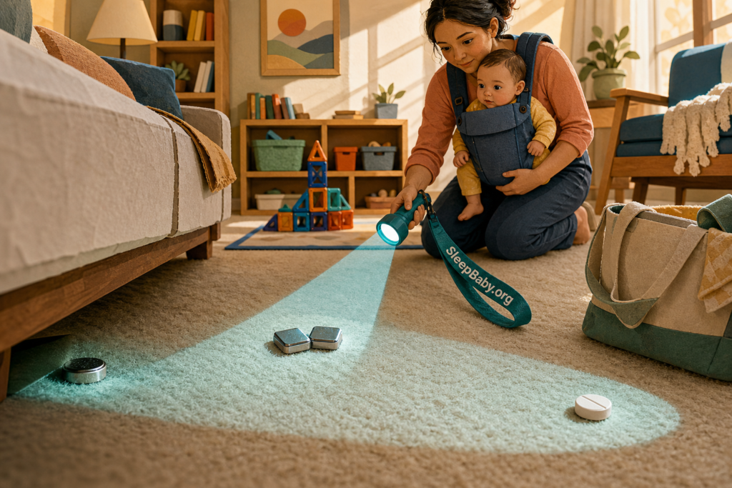 A flashlight beam under a sofa reveals a loose button battery, paired magnets, and a pill while a caregiver holds the awake baby safely behind the sweep line.