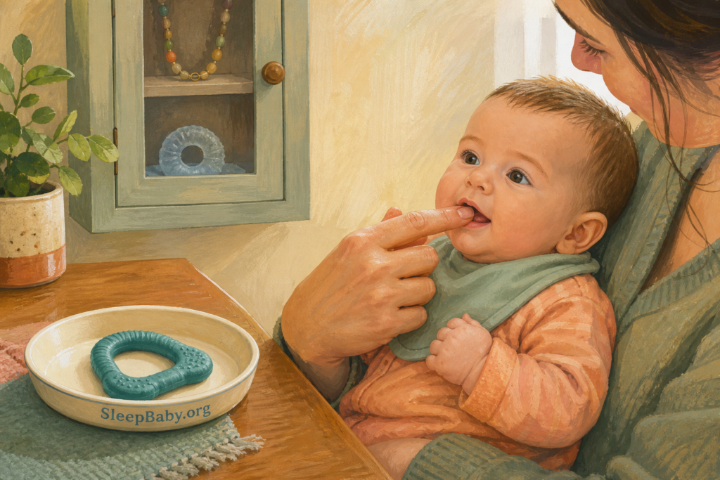 A caregiver gently massages an awake baby's gums with a clean finger beside one intact firm teether while jewelry and a frozen-hard item remain closed away.